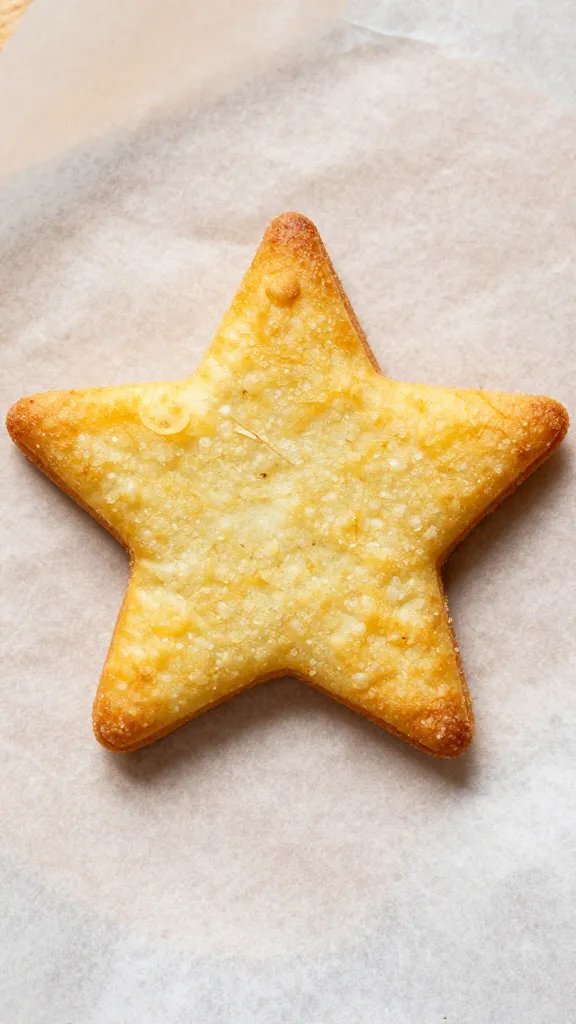 single golden star potato crisp on parchment, overhead