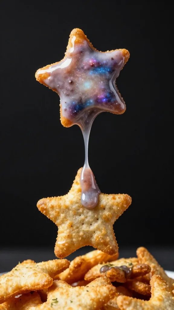 star potato crisp dipped in galaxy swirl, drip suspended