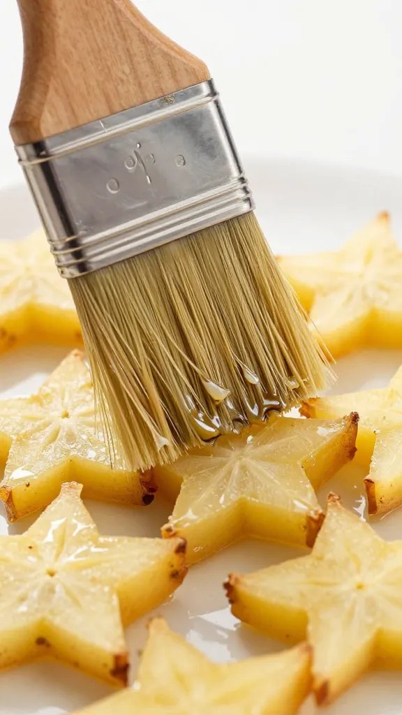 brushed oil on raw star potato, pastry brush closeup