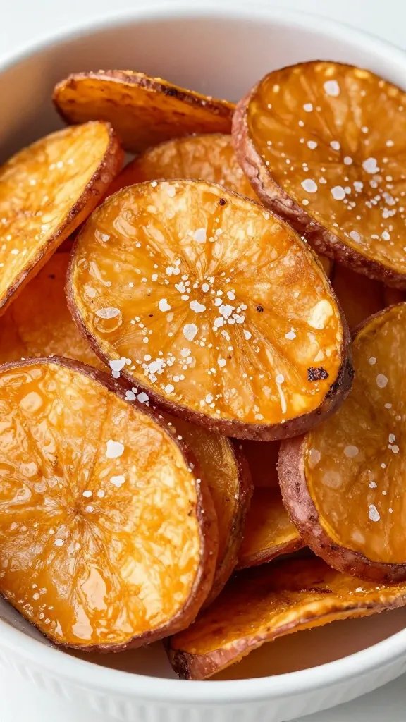 closeup bowl of air-fried sweet potato chips, sea salt