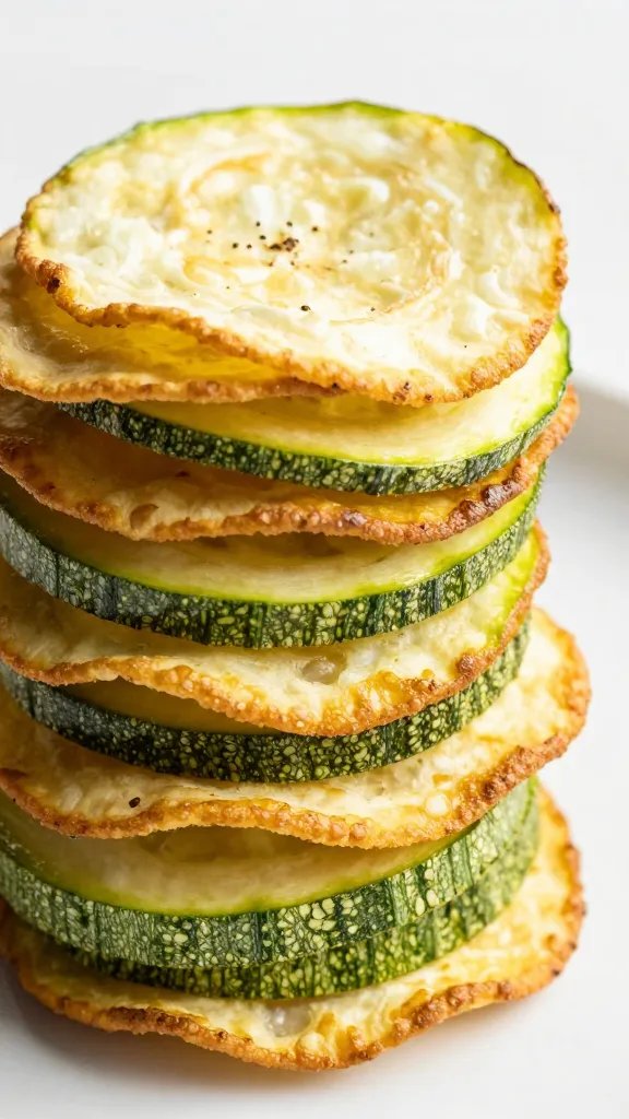 zucchini chip stack, golden edges, shallow depth