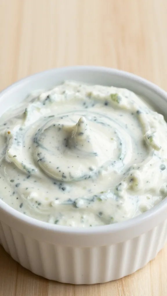 swirled unicorn ranch-tzatziki dip in white ramekin