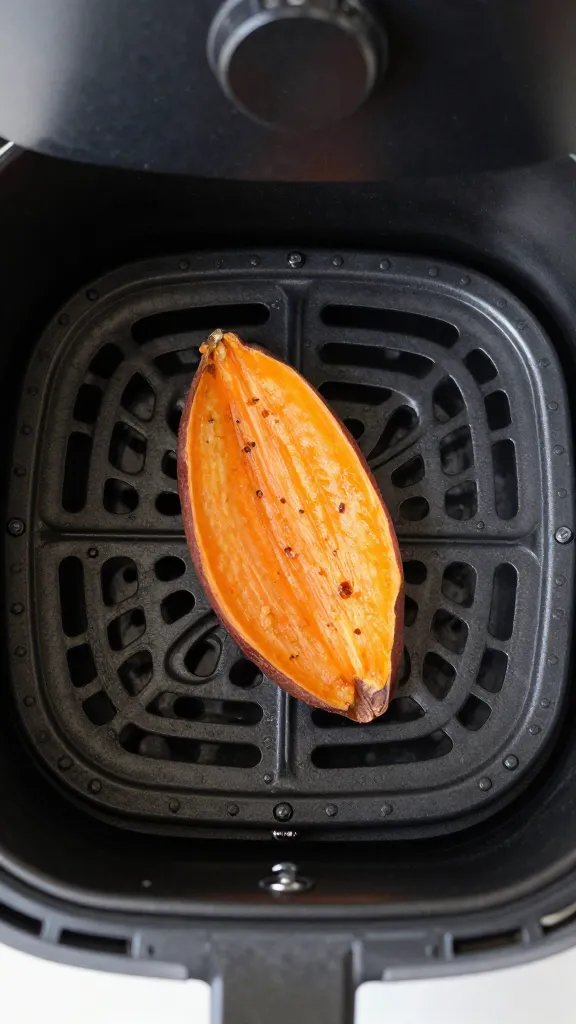 air fryer basket with single sweet potato chip, overhead