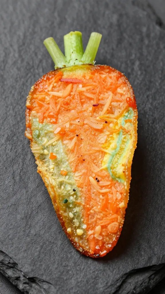 single rainbow carrot chip on slate board, crisp detail