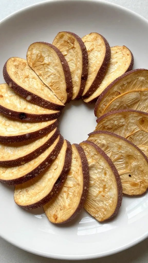 ceramic plate with neatly fanned beet chips, closeup