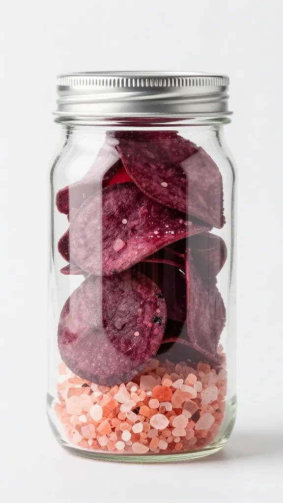 glass jar of pink beet salt for veggie chips, macro