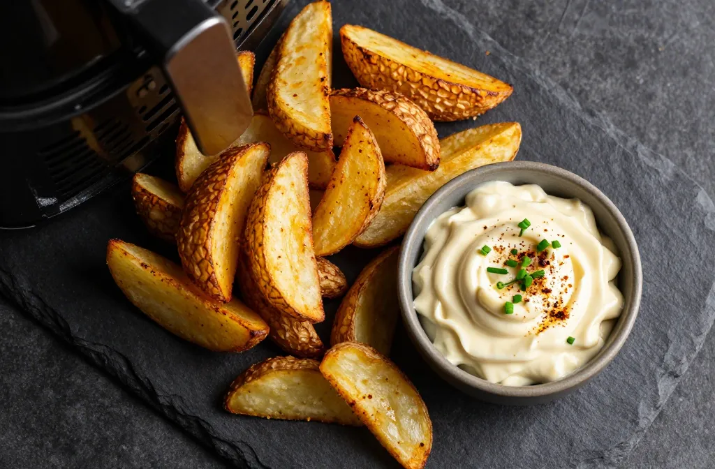 Crispy Air Fryer Wavy Wedges with Roasted Garlic Beer Dip
