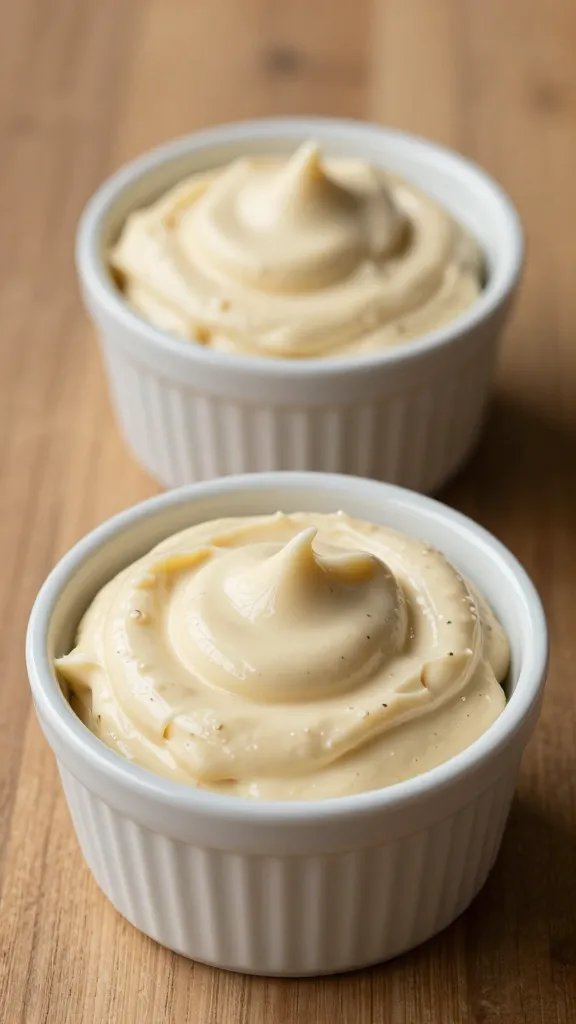 roasted garlic beer dip in small ramekin, creamy swirl