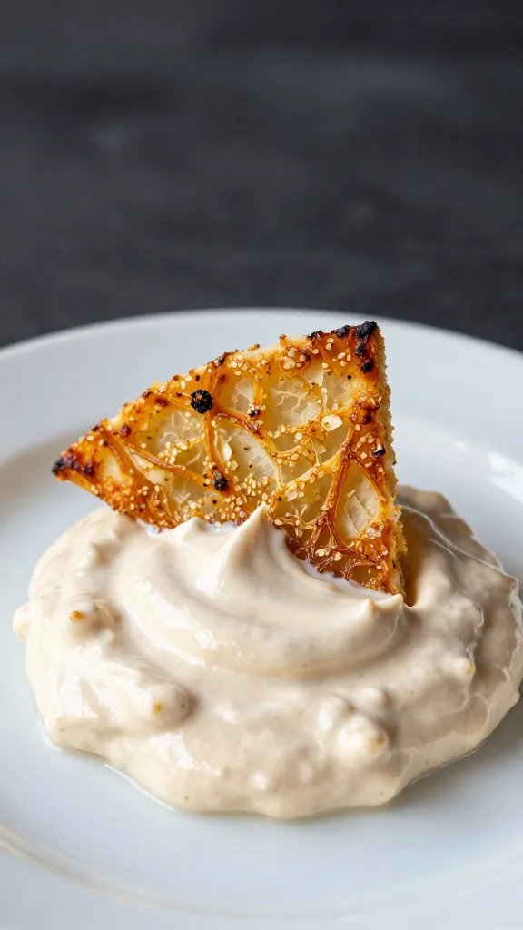 wavy wedge dipped halfway in roasted garlic beer dip