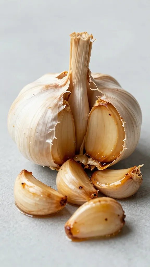 roasted garlic head, caramelized cloves exposed