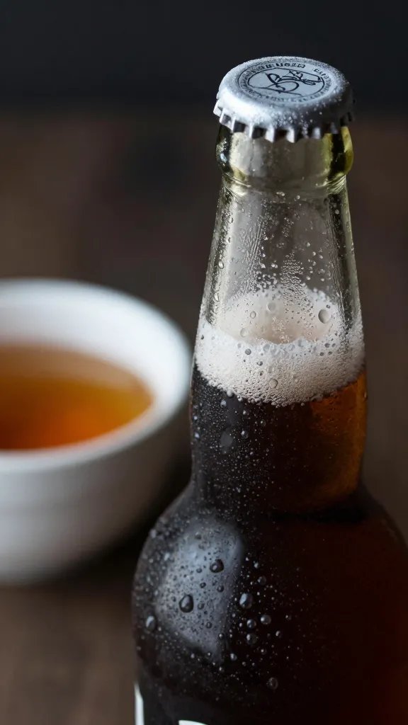 frosty beer bottle neck beside dip bowl, condensation beads