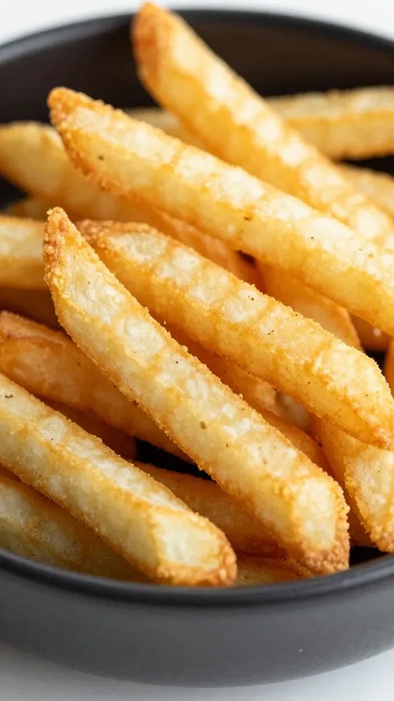 Closeup bowl of air-fried shoestring fries, matte black bowl