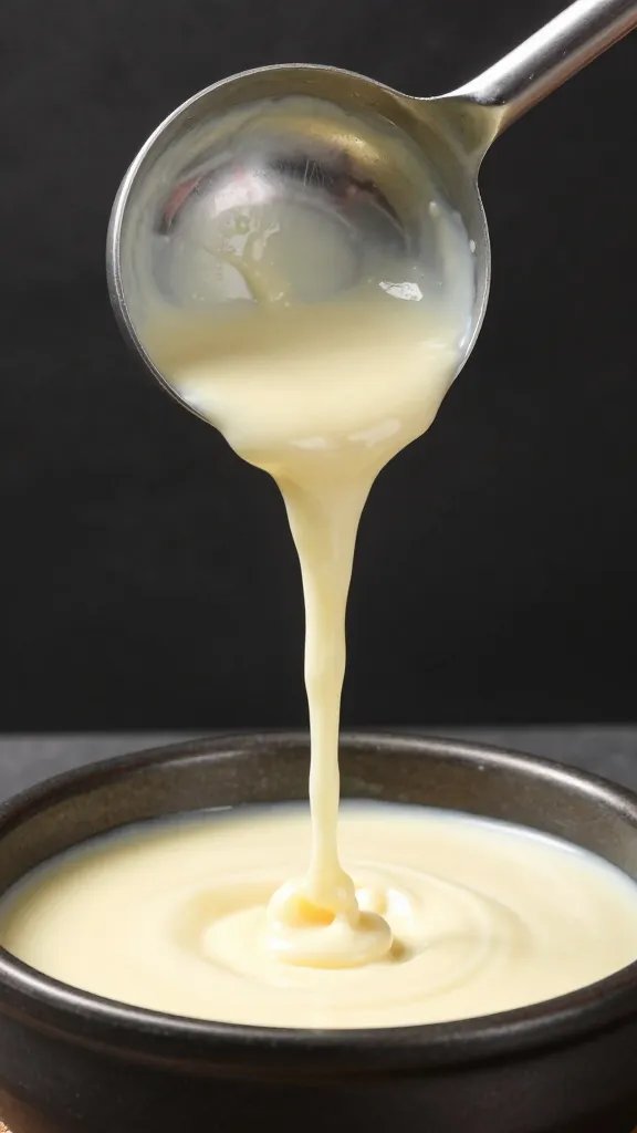 Ladle pouring creamy kimchi queso, studio lighting
