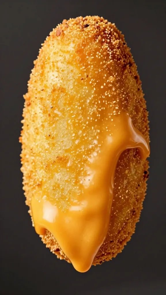 Single fry coated in queso, dripping, macro shot