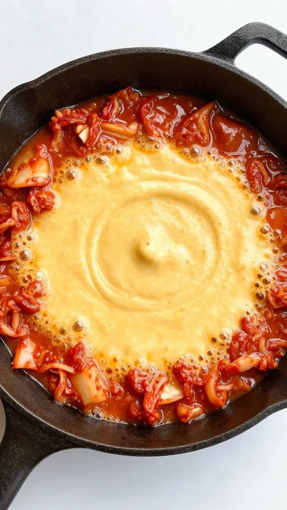 Cast-iron skillet of bubbling kimchi queso, top-down