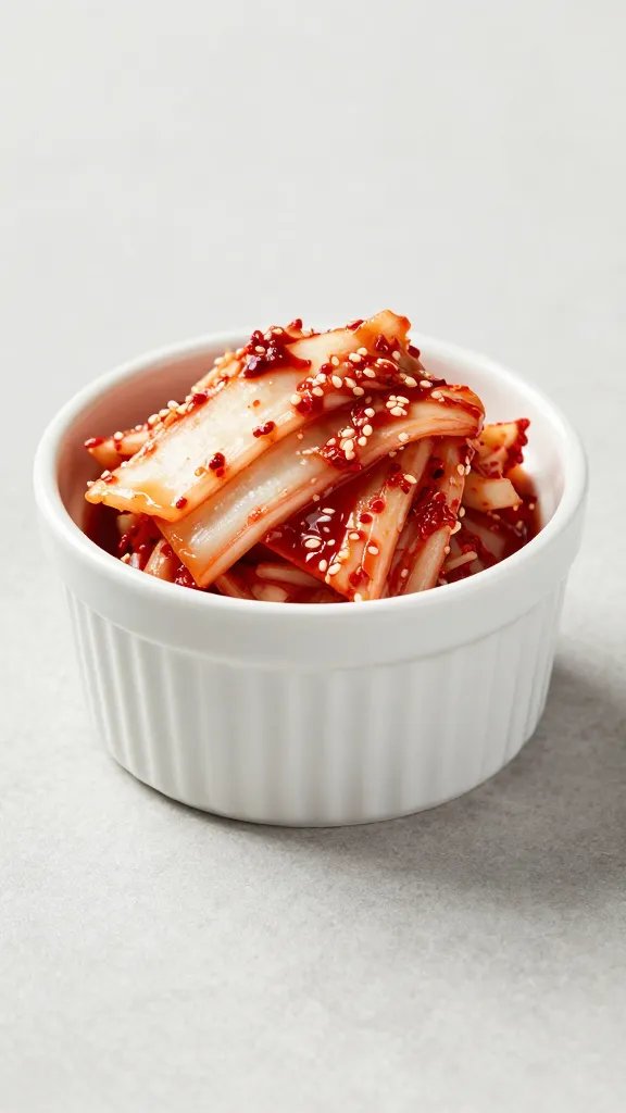 Small ramekin of chopped kimchi, shallow depth