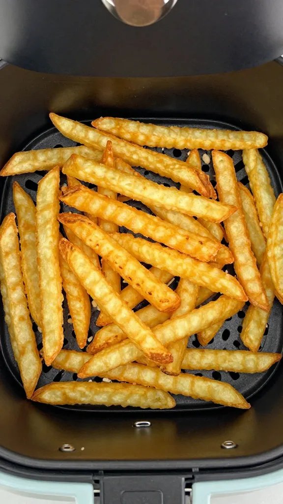Air fryer basket with crispy shoestring fries, overhead