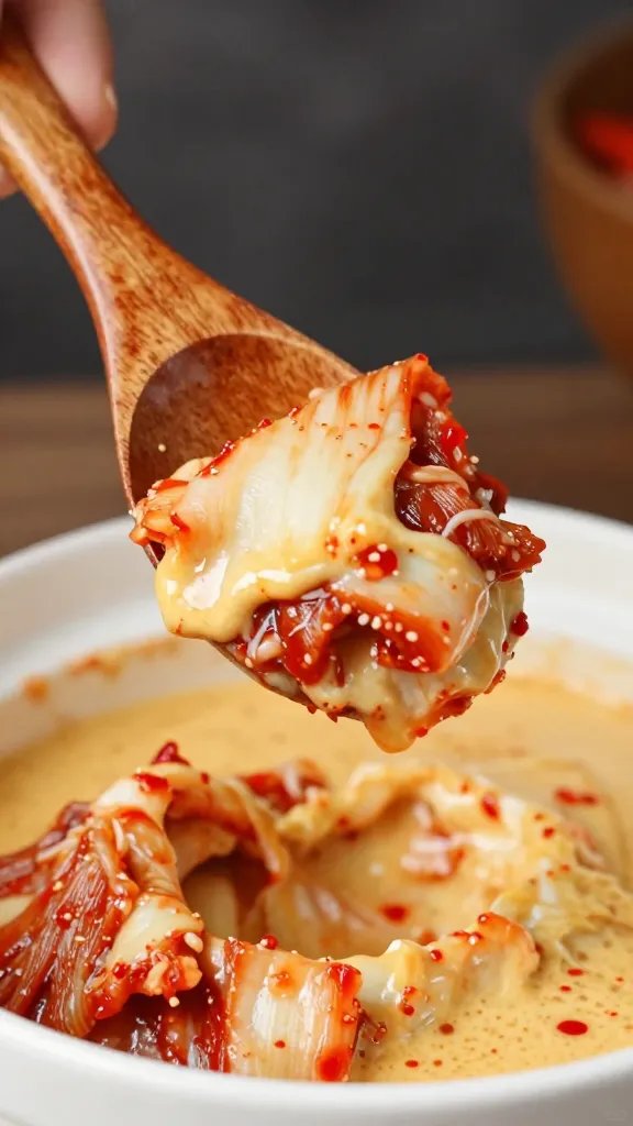 Wooden spoon scooping kimchi queso, tight crop