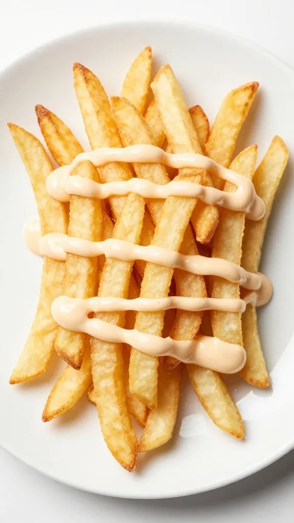 Single plated fries mound with queso ribbon, white plate
