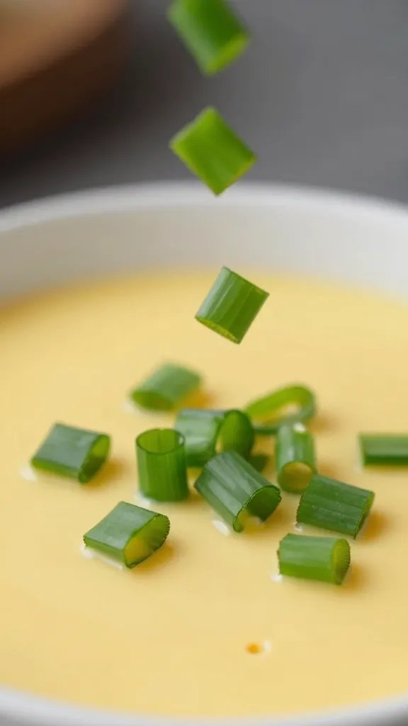 Sprinkle of sliced scallions on queso, extreme closeup