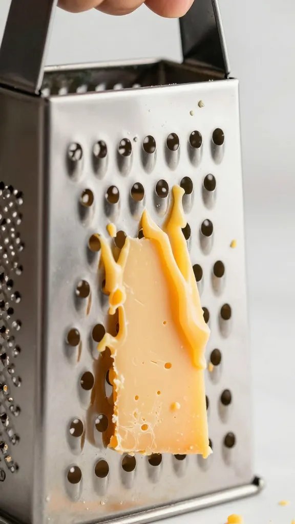 Hand grater shredding cheddar for queso, tight detail