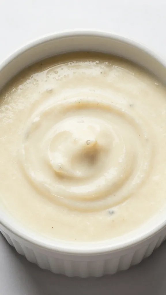white ramekin of truffle poutine gravy, overhead