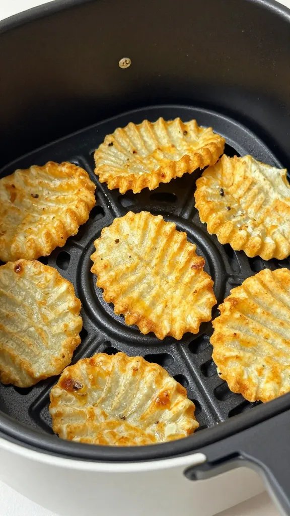 air fryer basket with crisp ridge-cut chips, closeup
