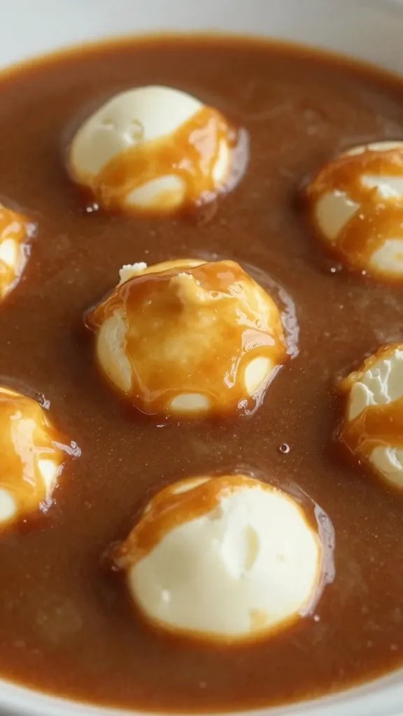 cheese curd melting in rich brown gravy, macro