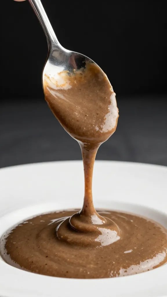 spoon lifting silky truffle gravy, studio lighting