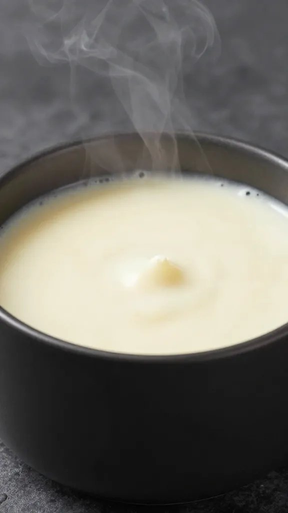 steaming gravy in matte black sauce cup, closeup