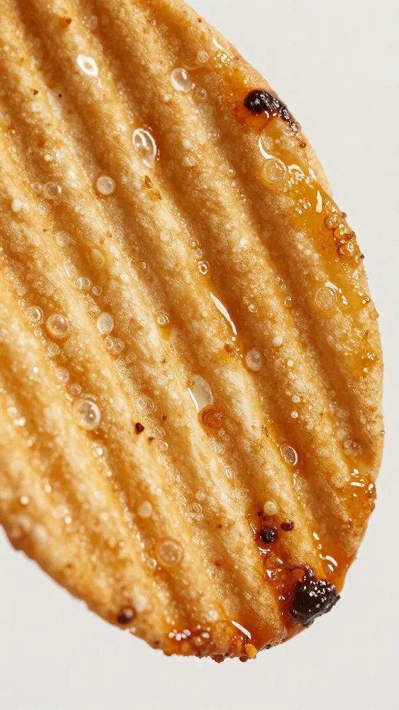 ridged chip showing oil blisters and seasoning, macro