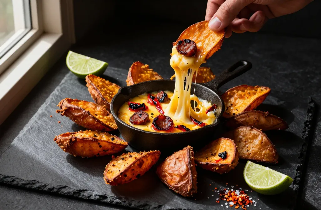 Crispy, Gooey Magic Air Fryer Sweet Potato Skins for Queso Flameado Dip