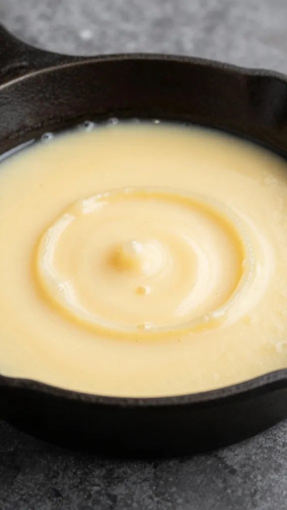 Bubbling queso flameado in small cast-iron skillet
