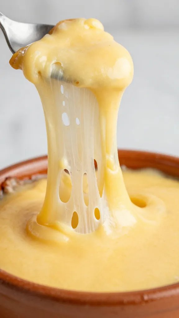 Stretchy cheese pull from queso flameado, macro shot