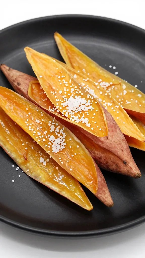 Salt-sprinkled sweet potato skin on matte black plate