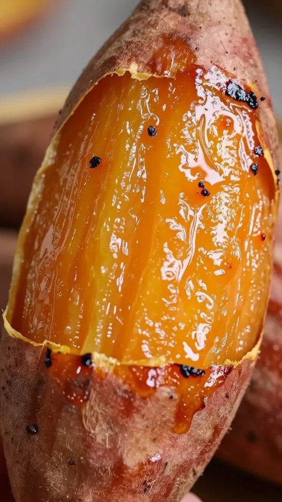 Glossy sweet potato skin with light char, closeup