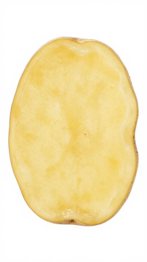 Single golden potato slice with craggy edges, macro