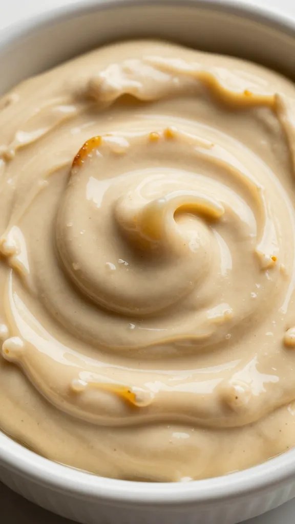Bowl of caramelized onion dip, glossy swirl closeup