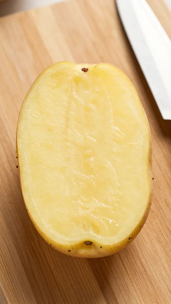 Yukon Gold potato half on cutting board, knife marks