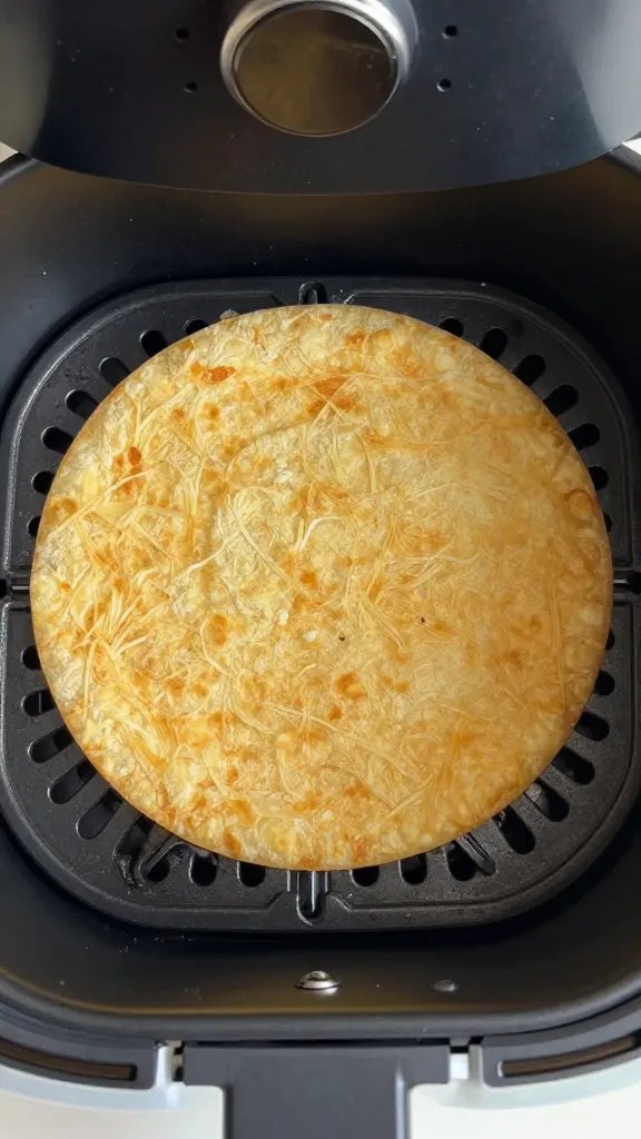 Air fryer basket with one crisp centered, overhead