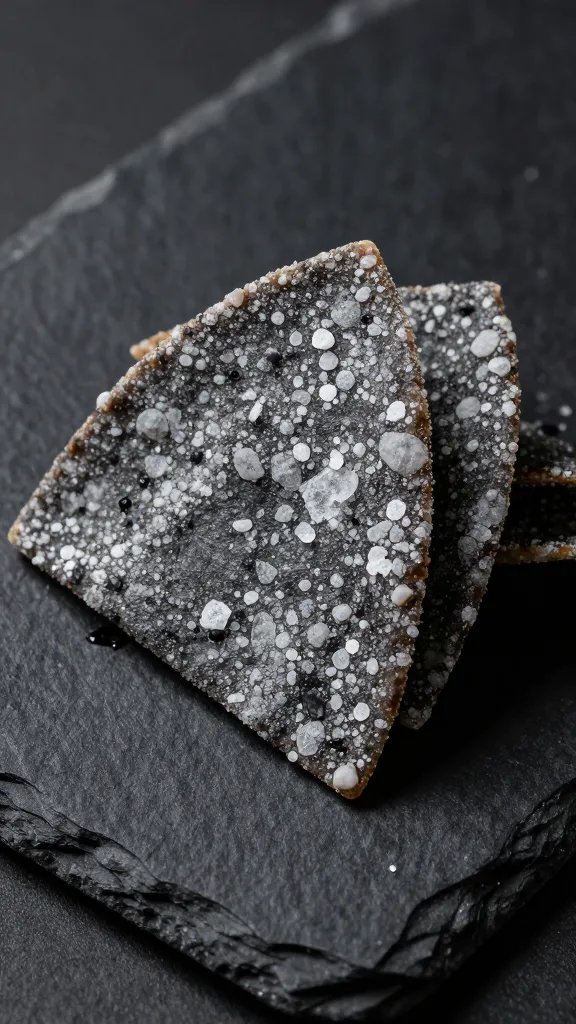 Salt-dusted thick chip on black slate, studio light