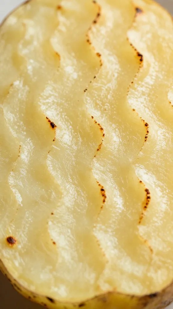 Wavy potato slice with blistered surface, extreme closeup