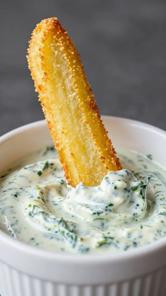 single curly fry dipped in spinach artichoke dip