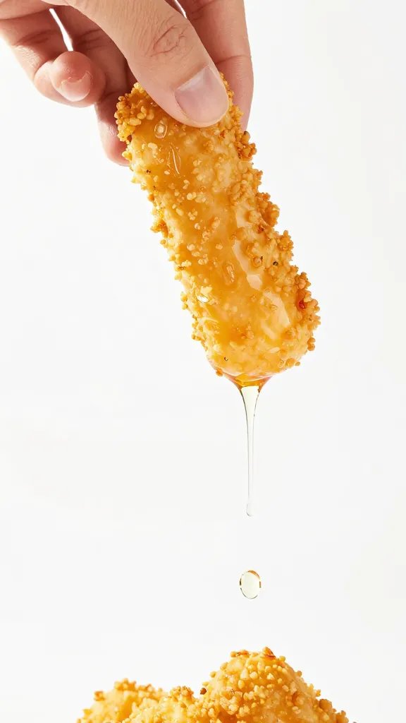 golden curly fry held above dip, drip suspended