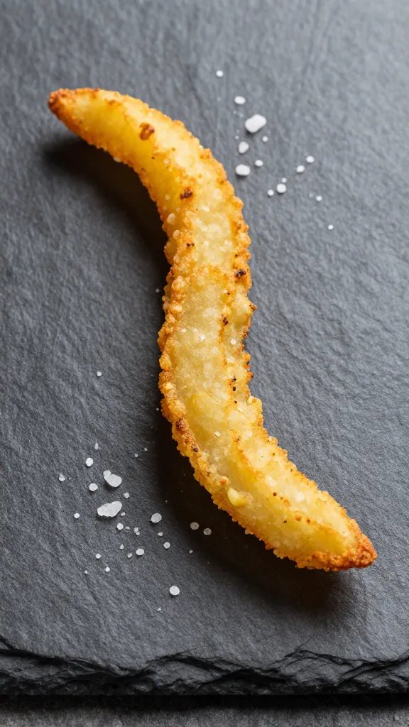 single curly fry on slate board, salt crystals visible