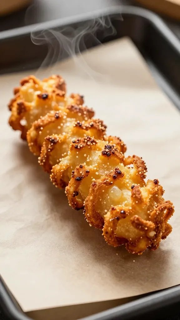 single seasoned curly fry on parchment, steam rising