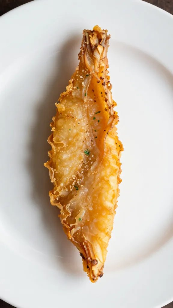 white plate with one curled fry, green flecks visible