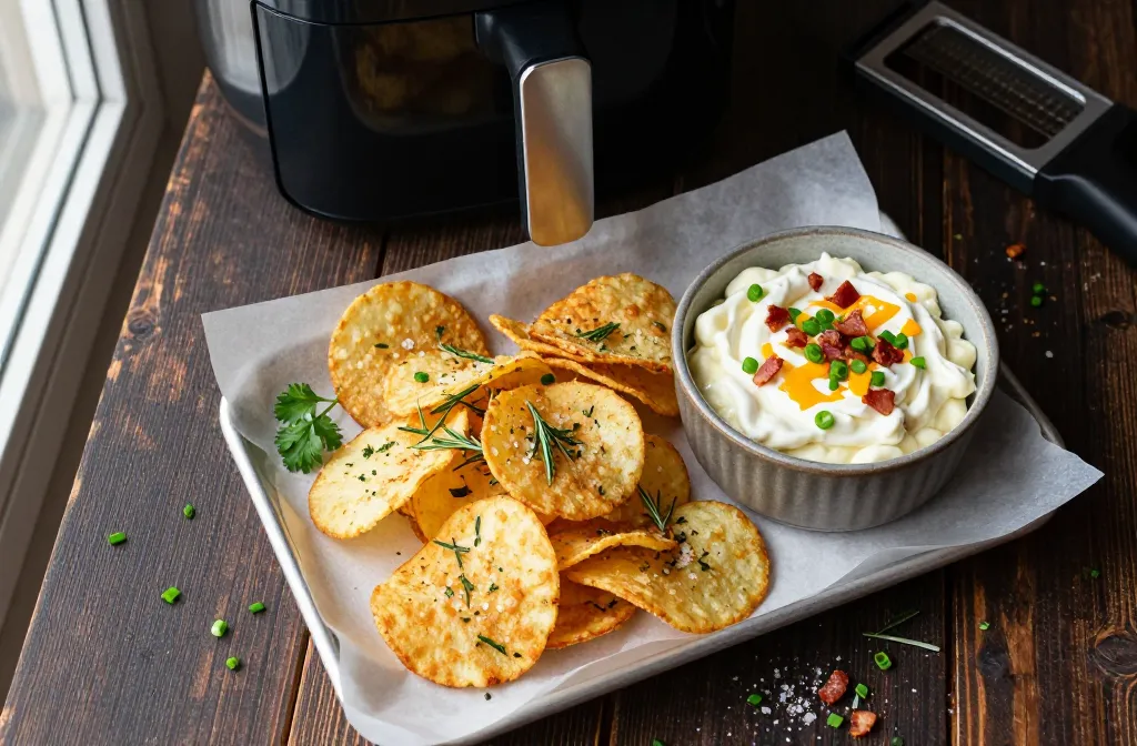 Crispy Cravings: Air Fryer Herbed Chips Paired with Loaded Baked Potato Dip