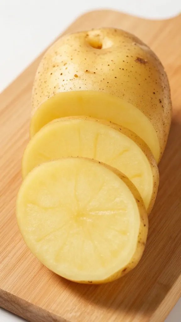 single russet potato, thinly sliced, on wooden mandoline