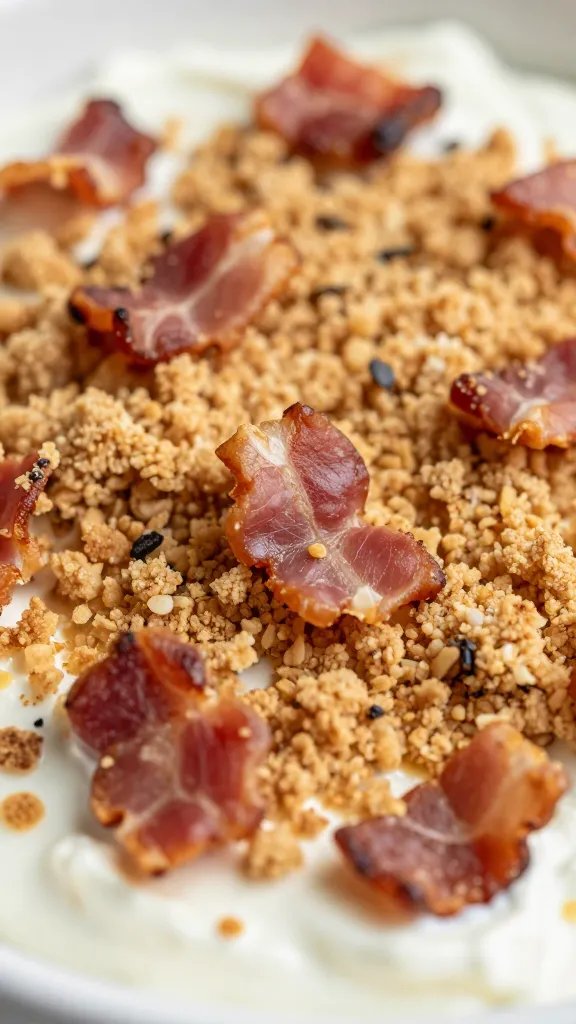 bacon crumble topping on dip, extreme closeup